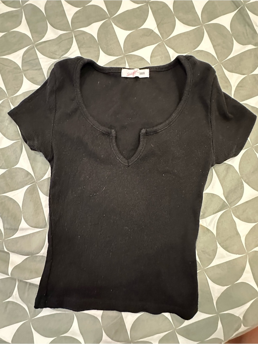 SUPRE Black Short Sleeve Notch-Neck Ribbed Tee